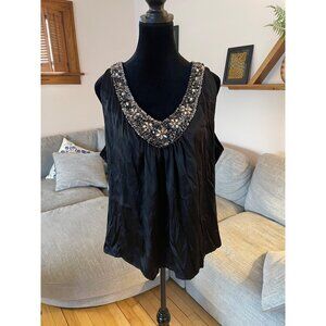 NWT St. John Silk Rhinestone Sequin Black Deep V Blouse  Tank Top Women XL Y2K